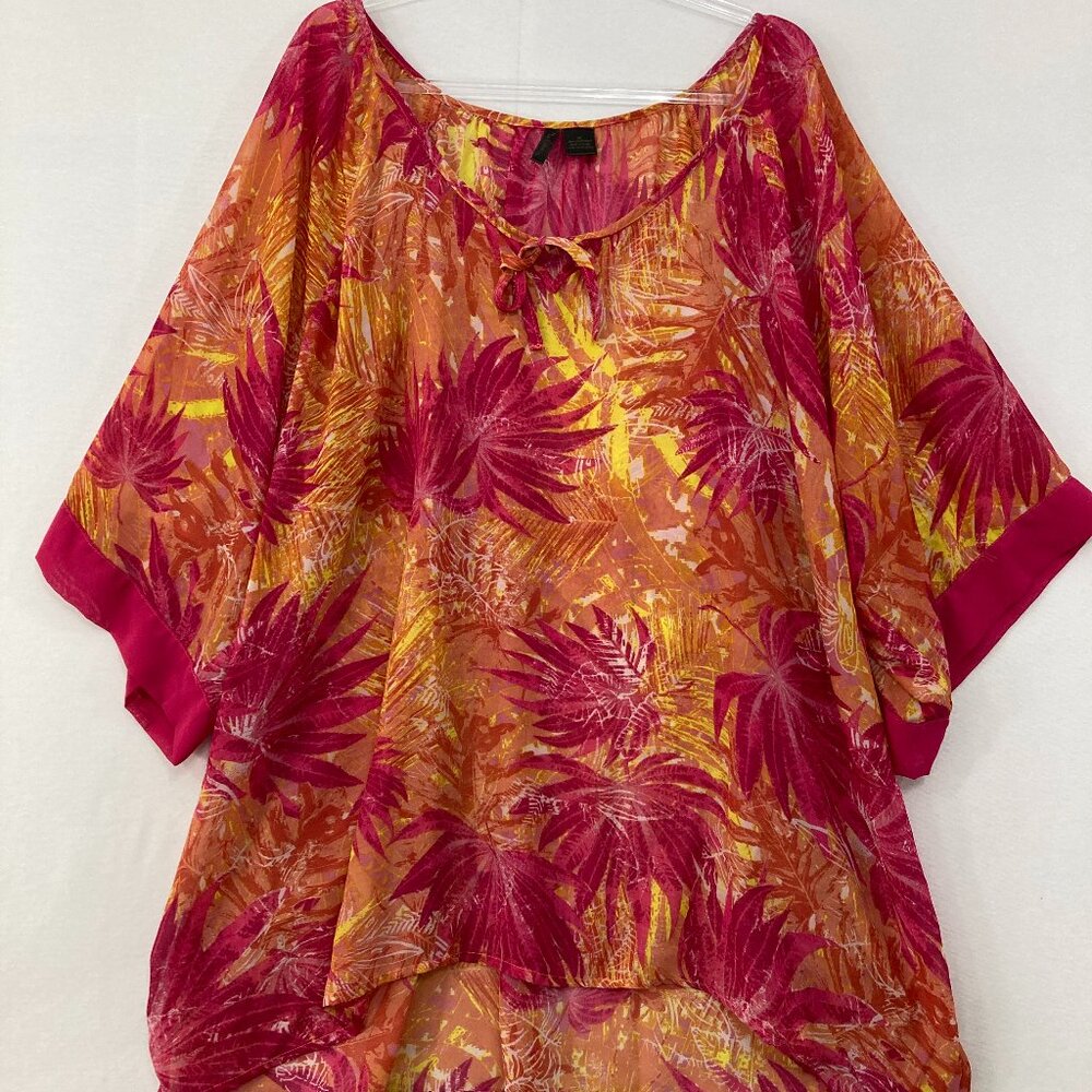 Nue Options size 3X Red Yellow Leaf Print Tie Front Relaxed Blouse‎ Vacation